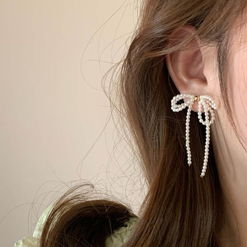 1 Pair Exaggerated All-Matched Earings Pearls Bowknot Ear Jewelry Niche Temperament Earrings for New Year Birthday Gift