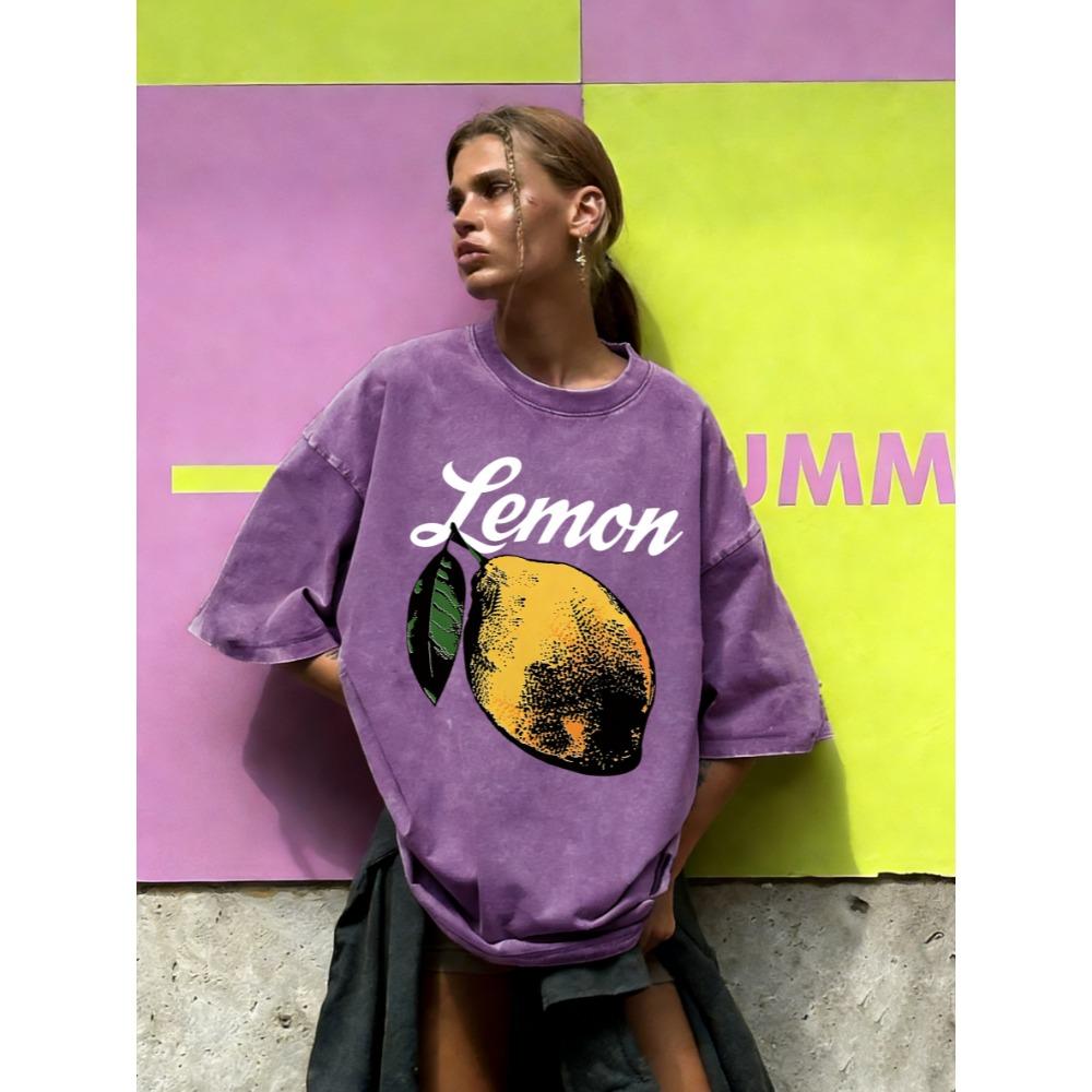 Natural Fresh Lemon Fruit Print Women Washed T Shirt Cotton T-Shirts Vintage Loose Short Sleeves Breathable