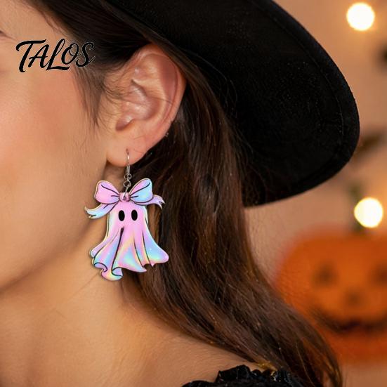 Burr-free Smooth Earrings 1 Pair Acrylic Halloween Earrings, Cute Pink Ghost Dangle Curved Hook Drop Holiday Costume Jewelry for Women Bow Detail