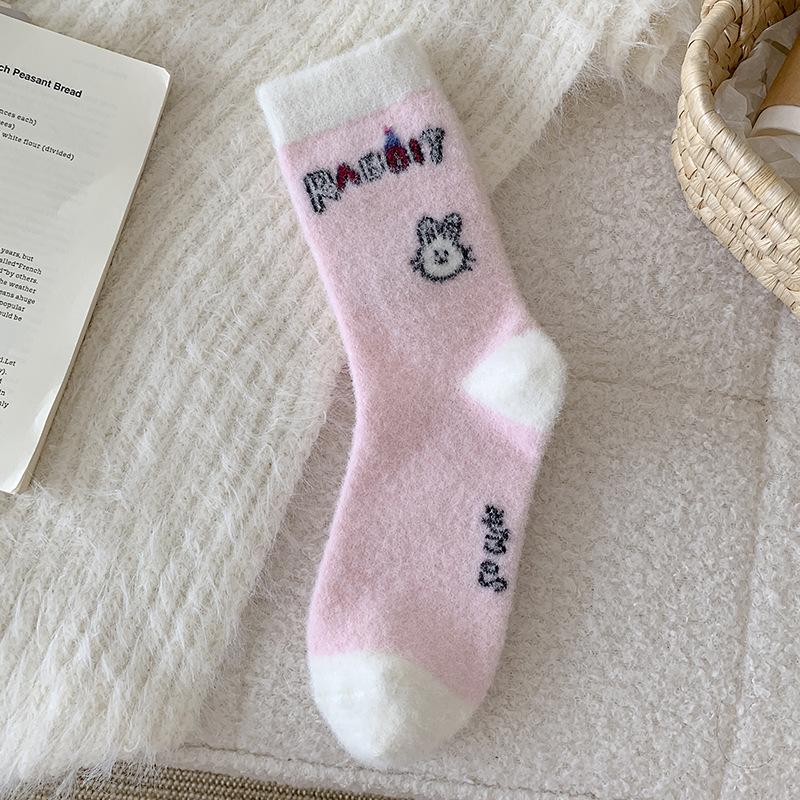 Pink Australian Velvet Socks Season Warm Medium Tube Socks Piled Thickened Home Sleep Socks Cute Cartoon Stockings