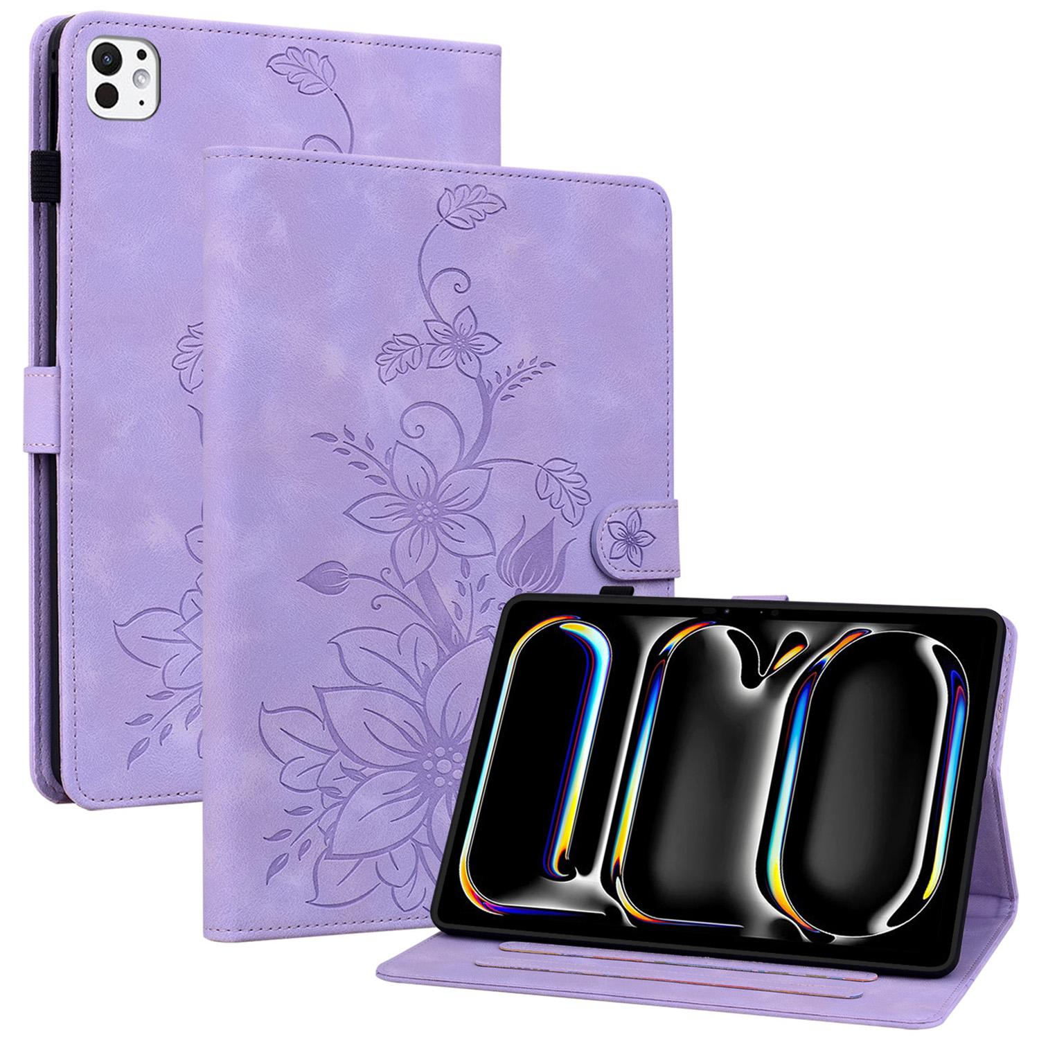 

For iPad Pro 11 (2024) Case Lily Flower Design PU Leather Drop Protection Tablet Cover Purple