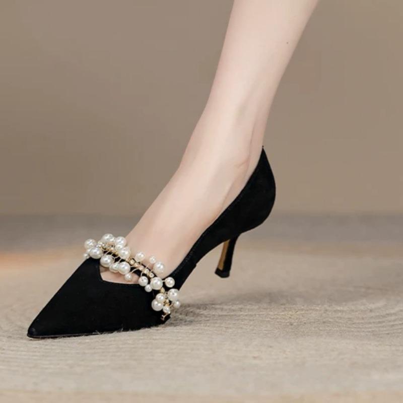 Fashion Spring New Thin Heel Single Shoes Women's Fashion Pointed Suede Beaded Anti-slip Wear-resistant High Heels