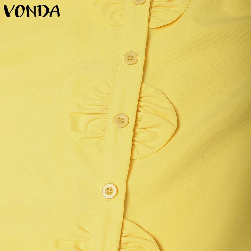 VONDA Blusa Casual de Manga Corta Abullonada con Botones Laterales y Volantes Sólida para Mujer