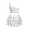 Girls Dance Performance Outfit Shiny Sequins Tiered Ruffles Sleeveless Crop Top with Elastic Waistband Skirted Shorts