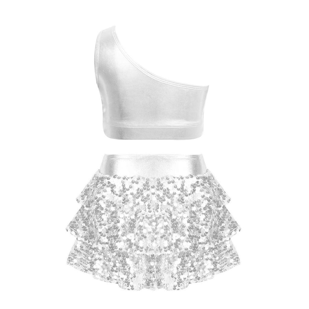 Girls Dance Performance Outfit Shiny Sequins Tiered Ruffles Sleeveless Crop Top with Elastic Waistband Skirted Shorts