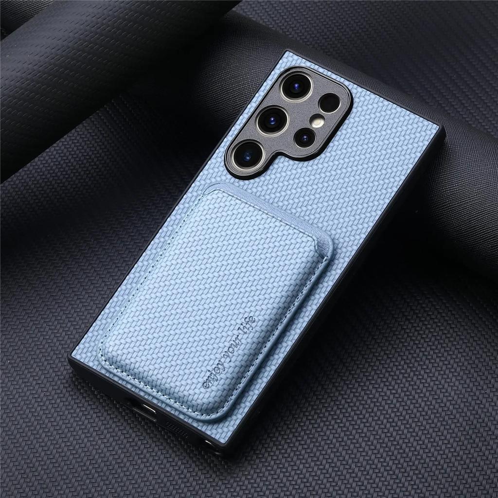 Magnetic Card Holder Phone Case for Samsung Galaxy S25 Ultra S24 Plus S23 S22 S21 FE S20 Carbon Fiber Texture Detachable Cover