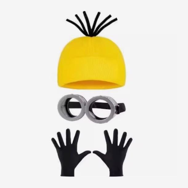 Minion-inspiriertes Strickmützen- und Handschuh-Set mit Brille und Netzrock Kostümzubehör