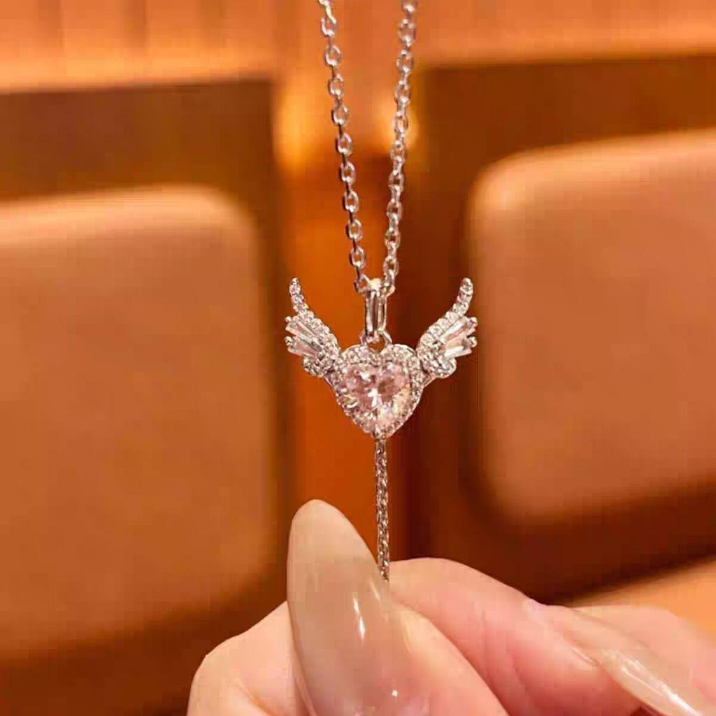 Summer New Heart Tassel Necklace Pink Crystal Pendant Wing Jewelry for Women