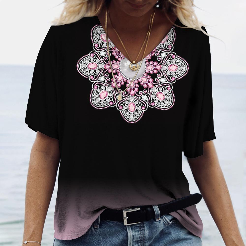 Summer Mandala Gradient 3D Print T-shirt Women Streetwear Fake GlitterT Shirts Tops Woman V-Neck Tees Oversized Clothing