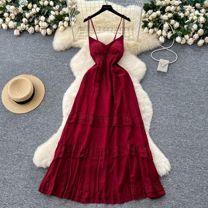 

Red Holiday Style Dress Women 2025 Summer French style Pure Desire Waist Hugging Temperament Sling Wooden Ear Backless Long dress Red S