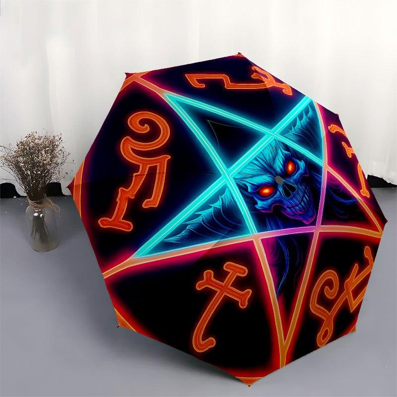 Neon Pentagram Skull Art Print, Mystic DecorUmbrella with Cute Design, Portable 3-Fold Compact Umbrella for Men & Women, Valentine's Day Mother's Day
