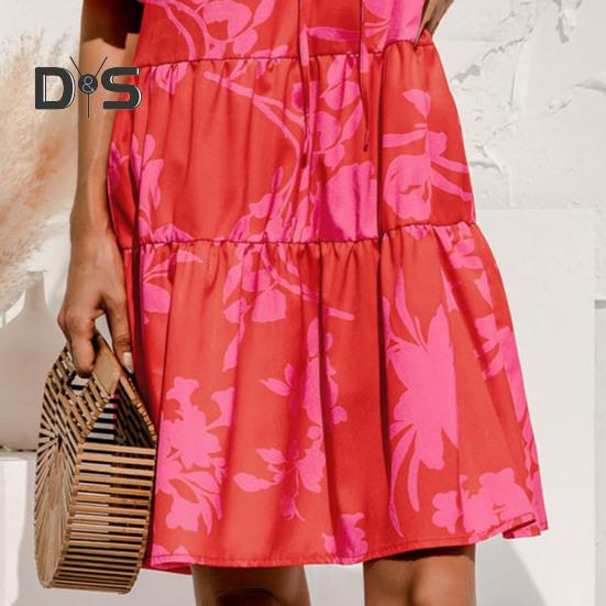 Women's Summer Mini Dress Puff Short Sleeve V Neck Pleated Dress Boho Printed A-Line Short Dress Beach Vacation Tiered Flowy Sundress