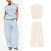 Summer New Arrival Safari Jacket V Neck Unisex Style Tops 1971140 Elastic Waist Wide Leg Pants 1971040