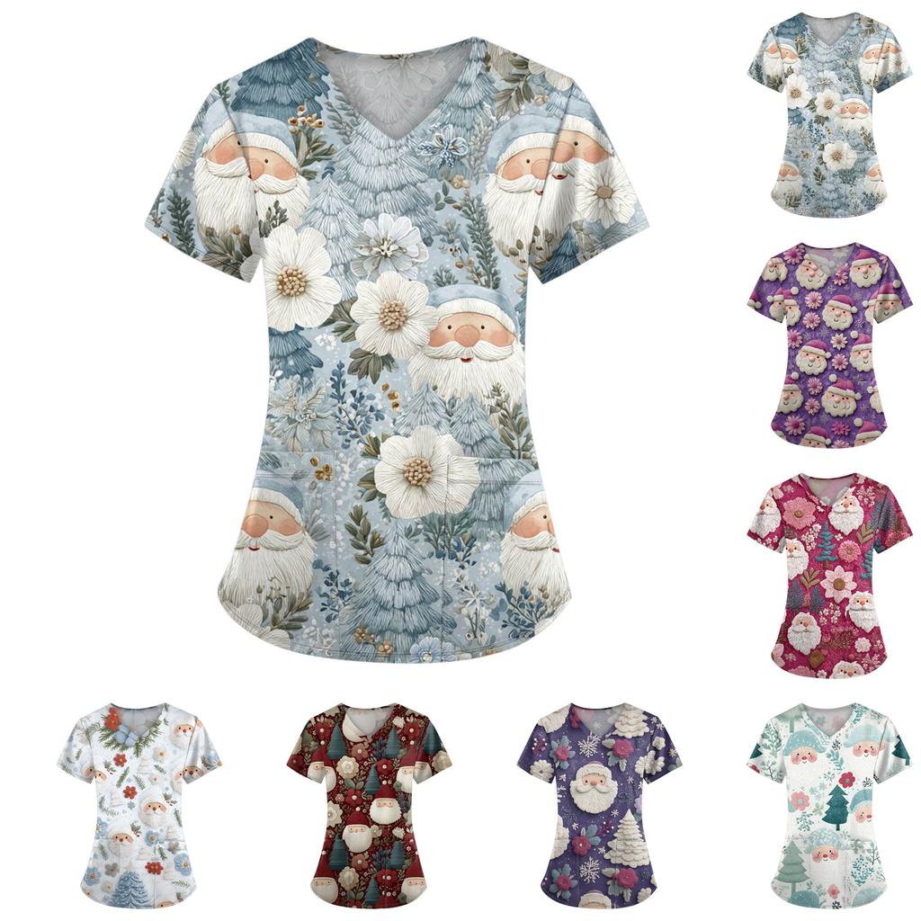 Women's Christmas Printing Short Sleeve V-neck Tops Working Pocket Blouse