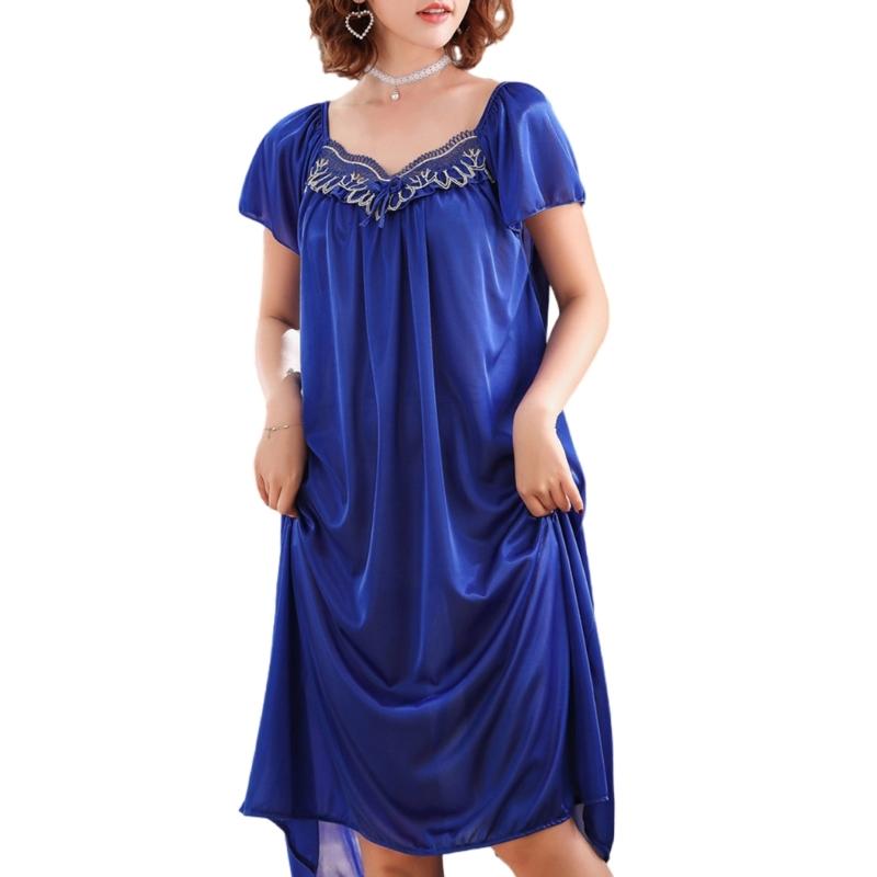 Women's Ice Silk Nightgown Sleepwear Round Neck Nightie Short Sleeves Nightshirt Summer Sleepwear Nightdress Sleep Dress
