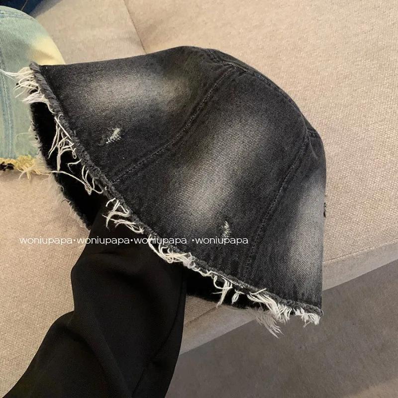 

Ins Vintage Rough Edge Washed Denim Bucket Hats Women 2025 Лето и Осень Новая Повседневная Универсальная Милая Короткая Кепка 56-58cm чёрный