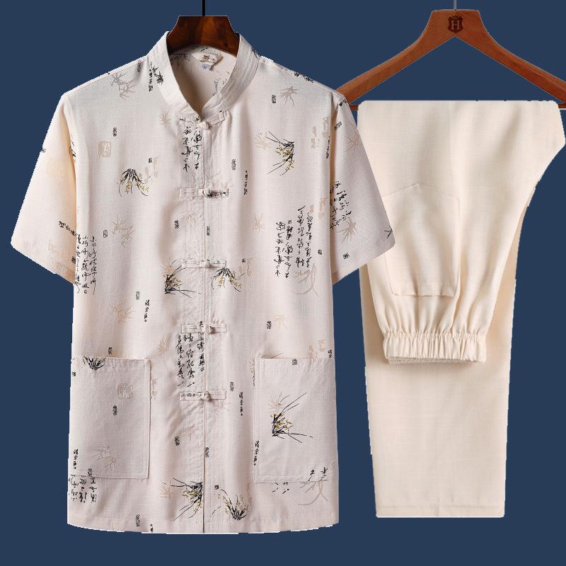 Men's Chinese-Style Summer Tang Suit: Short-Sleeve Linen Hanfu Robe for Middle-Aged and Elderly