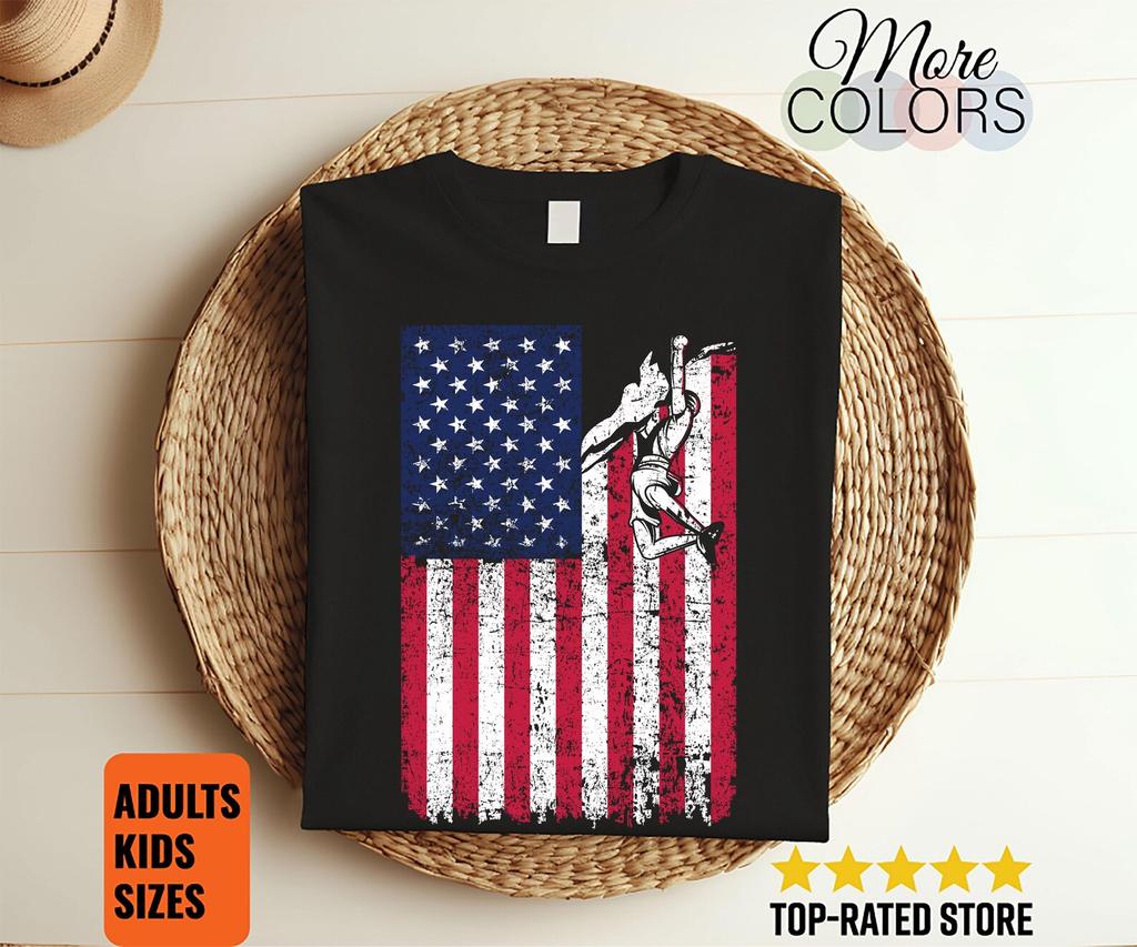 Climbing American Flag USA US Patriotic T-Shirt, Gift Climber Bolder Boulder, Mountain Climb Bouldering Rock Walls Indoors Outdoors Present,