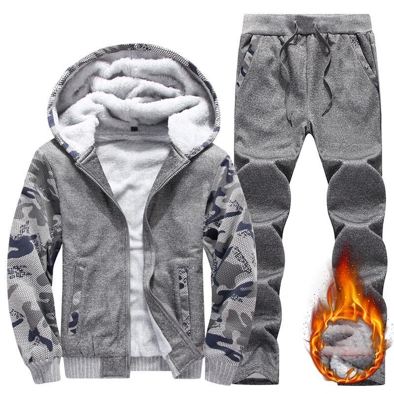 Winter Casual Hoodie Suit Men's Padded and Thickened Lamb Wool Warm Jacket Large Size Sports Two-piece Set