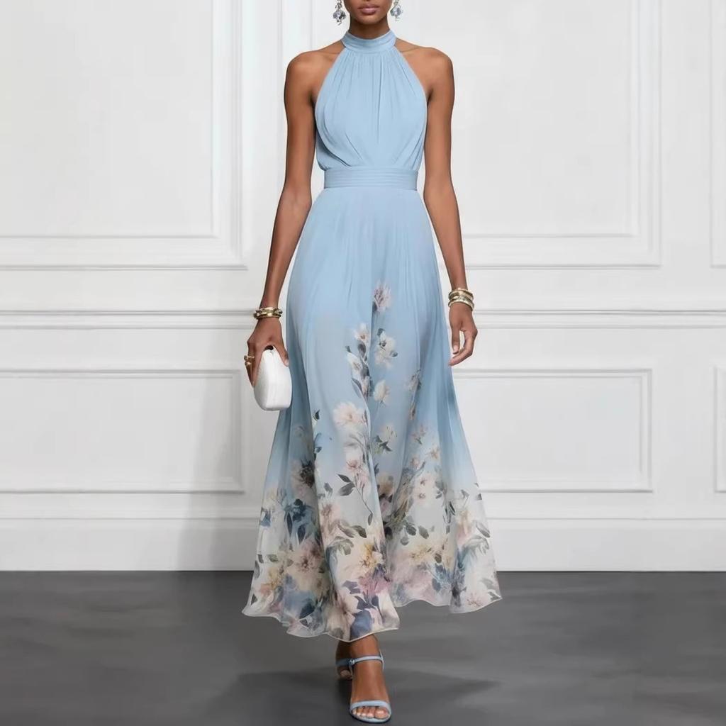 Women's Halter Neck Sleeveless Floral Print Maxi Dress High Waist Elegant Party Dress