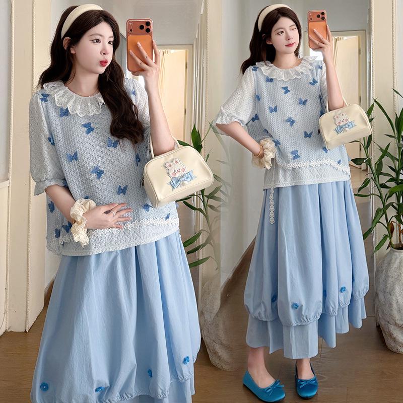 2026 French Lace Collar Top + 3D Butterfly Vest & Skirt Maternity Three-Piece Set Large