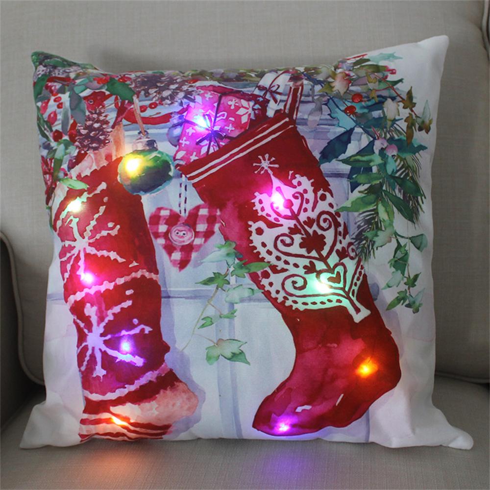 LED Light Christmas Cushion Cover Short Plush Elk Throw Pillow Case for Sofa Luminous Santa Clause Printed Pillowcase Home Decor