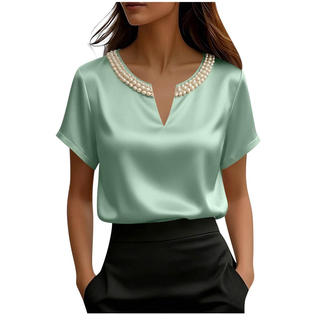 Top da Donna alla Moda a Vestibilità Larga Francese Raso Raso Collo di Perle Manica Corta