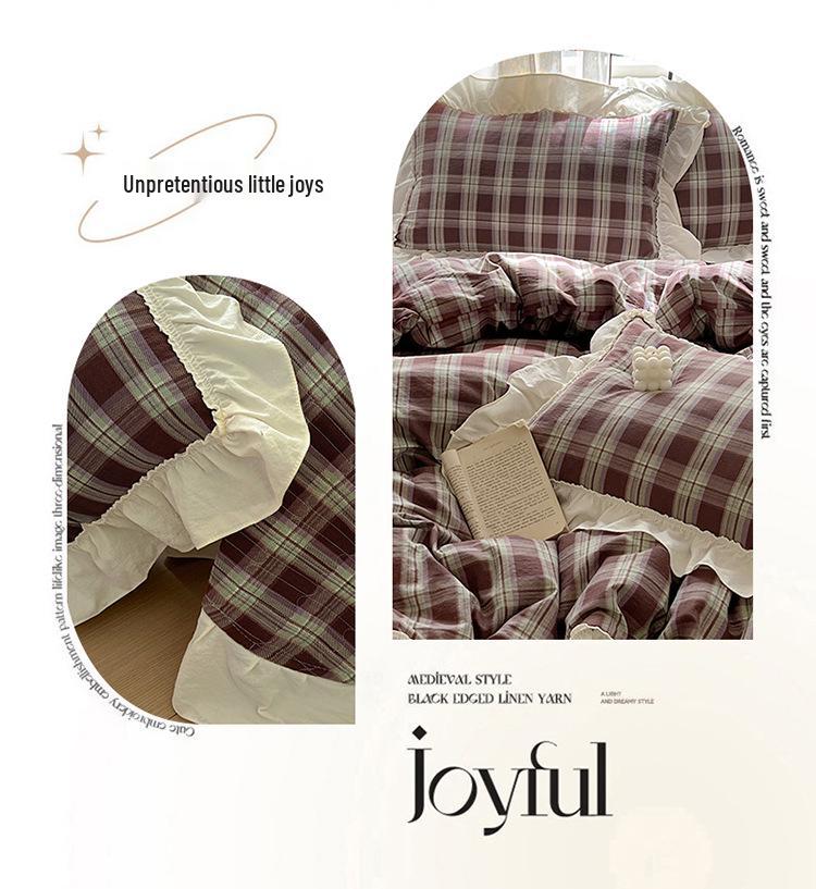 Princess Style Crinkled Gauze Lace Bedding Set - 4-Piece Washable Cotton Plaid Double Duvet Cover for All Seasons