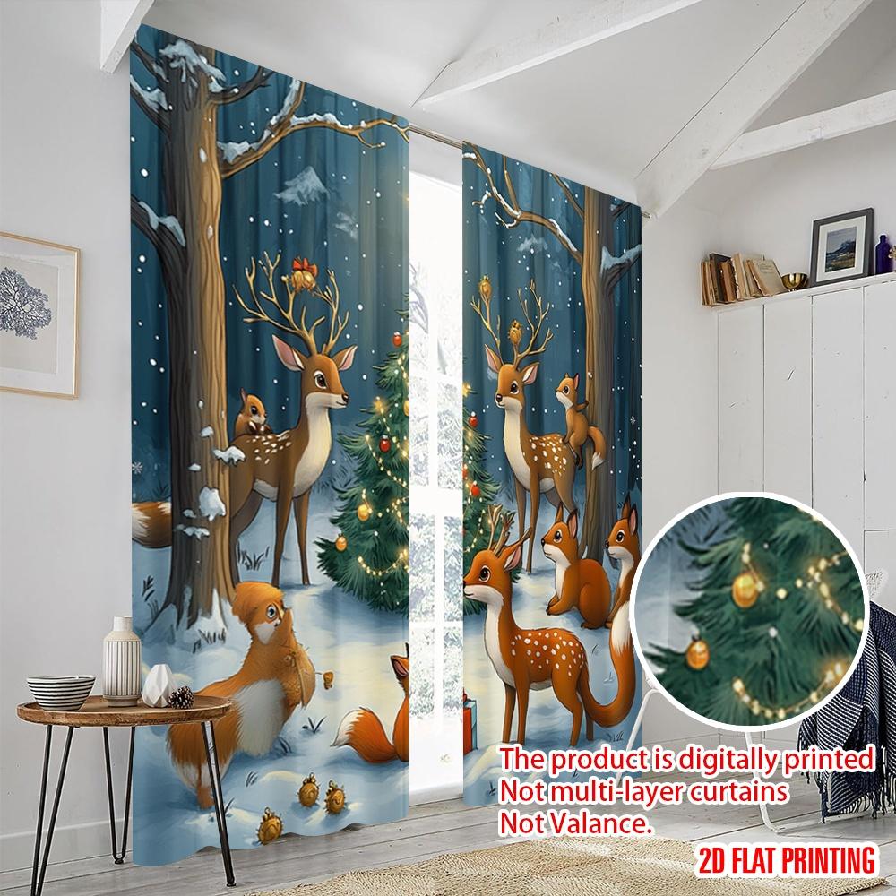2pcs,2D plane printing Contemporary Curtains Forest Animals Christmas Woodland Festive Versatile Polyester Fabric (without rod)