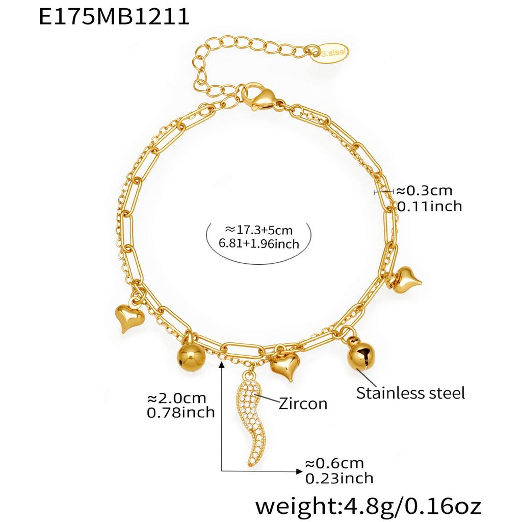 Stainless Steel Double Layer Bracelet with Zircon Chili Pendants - Elegant and Versatile Jewelry
