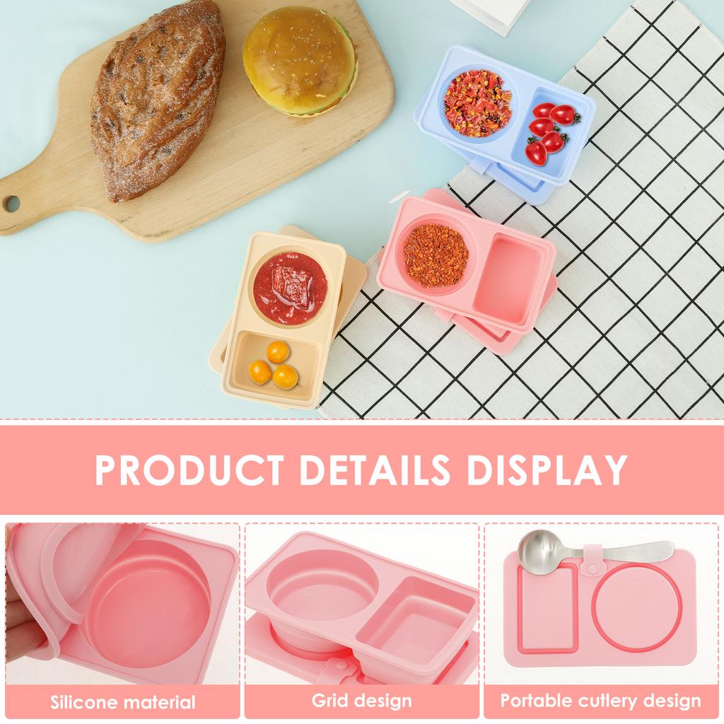 3Pcs Silicone Collapsible Food Container Lunch Box Double Compartment Snack Salad Bento Dressing Sauce Container Portable