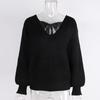 European & American V-neck Bowknot Sweater - Women's Casual Autumn/Winter Long Sleeve Loose Top
