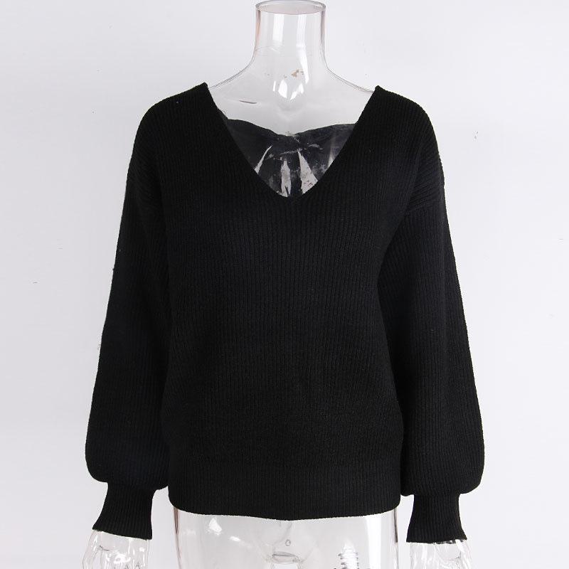 European & American V-neck Bowknot Sweater - Women's Casual Autumn/Winter Long Sleeve Loose Top