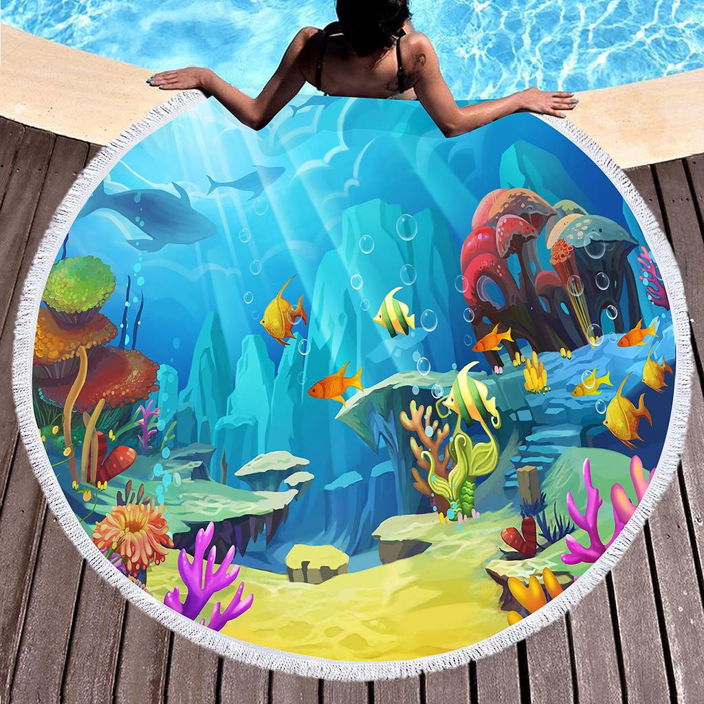 Underwater World Marine Animal Round Beach Towel with Tassels, Microfiber Quick Dry Sand Free Circle Bath Towel Gifts for Women