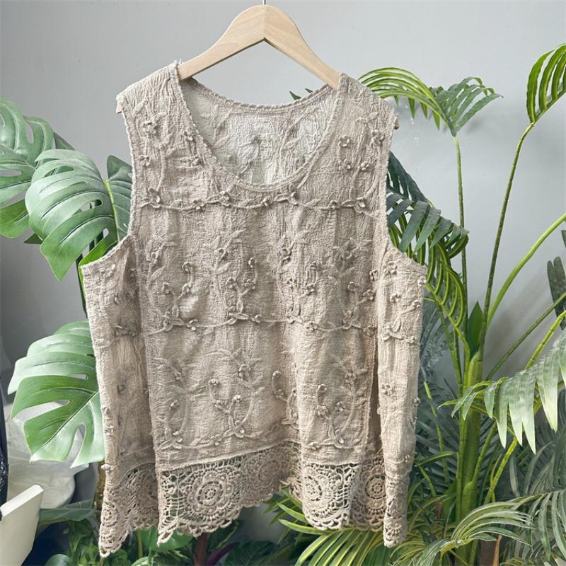 Embroidery, Embroidery, Cotton Embroidered Vest Top Women's Crew Neck Pullover Hollow Knitted Lace Sleeveless Bottom Solid Color T-Shirt