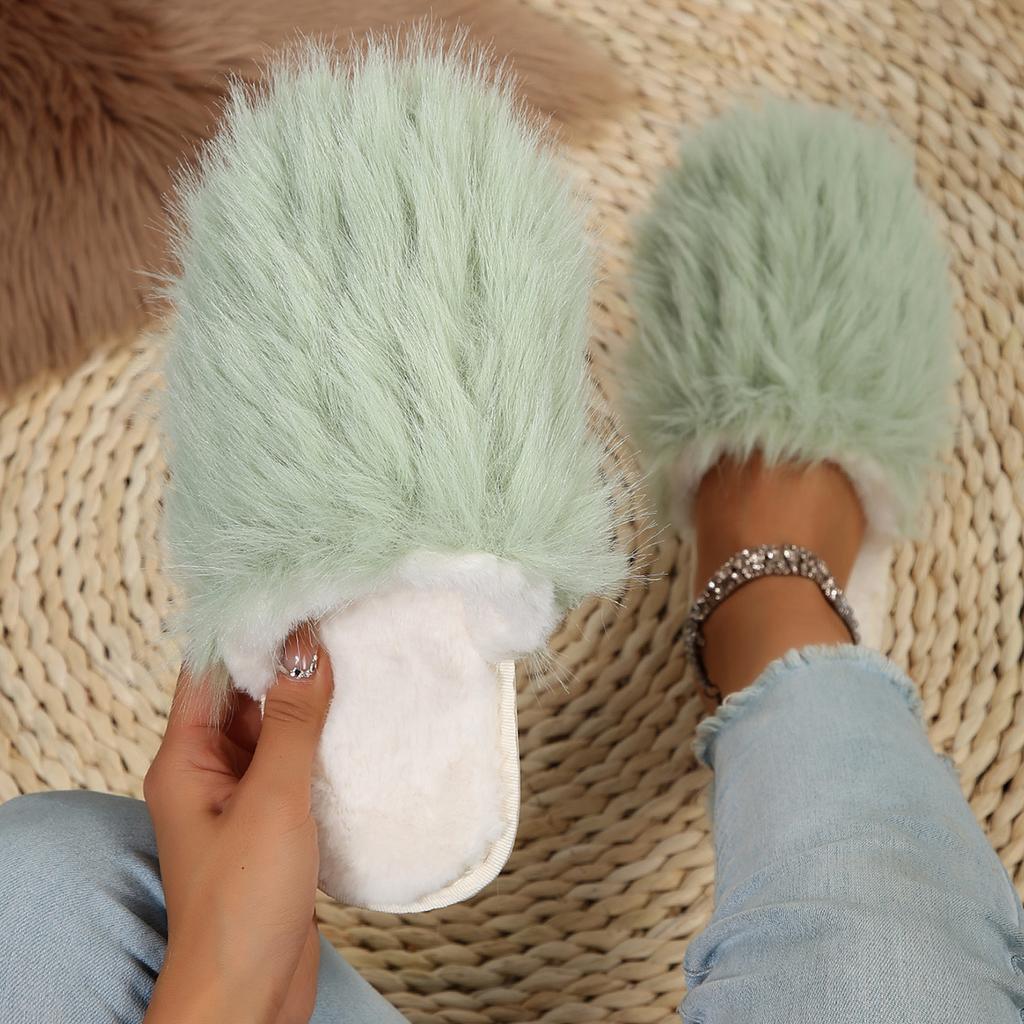 Fashion Closed Toe Fluffy Fur Slippers for Women Winter Plush Warm Indoor Home Slippers Woman Lightweight Flat Heels Couple Furry Slides