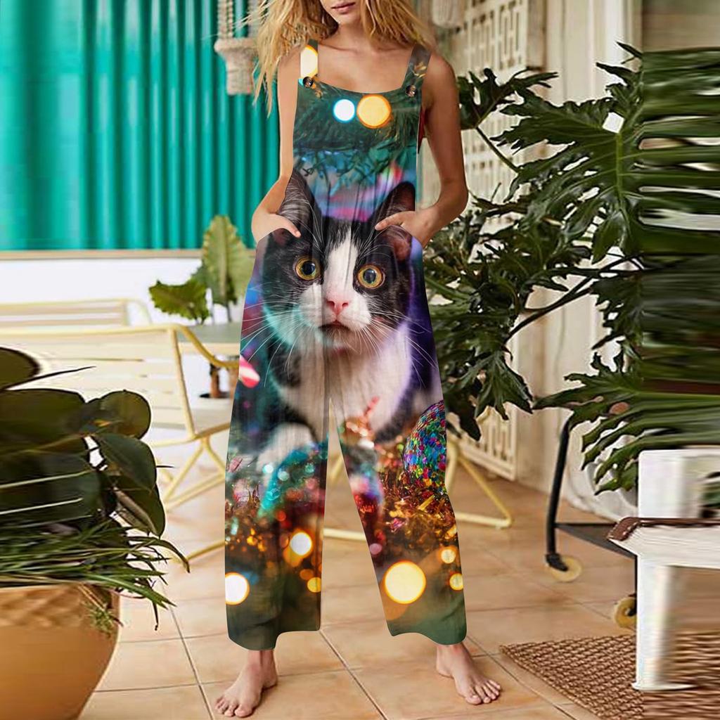 Women's Casual Christmas Printed Jumpsuit Sleeveless Printed Cotton Jumpsuit