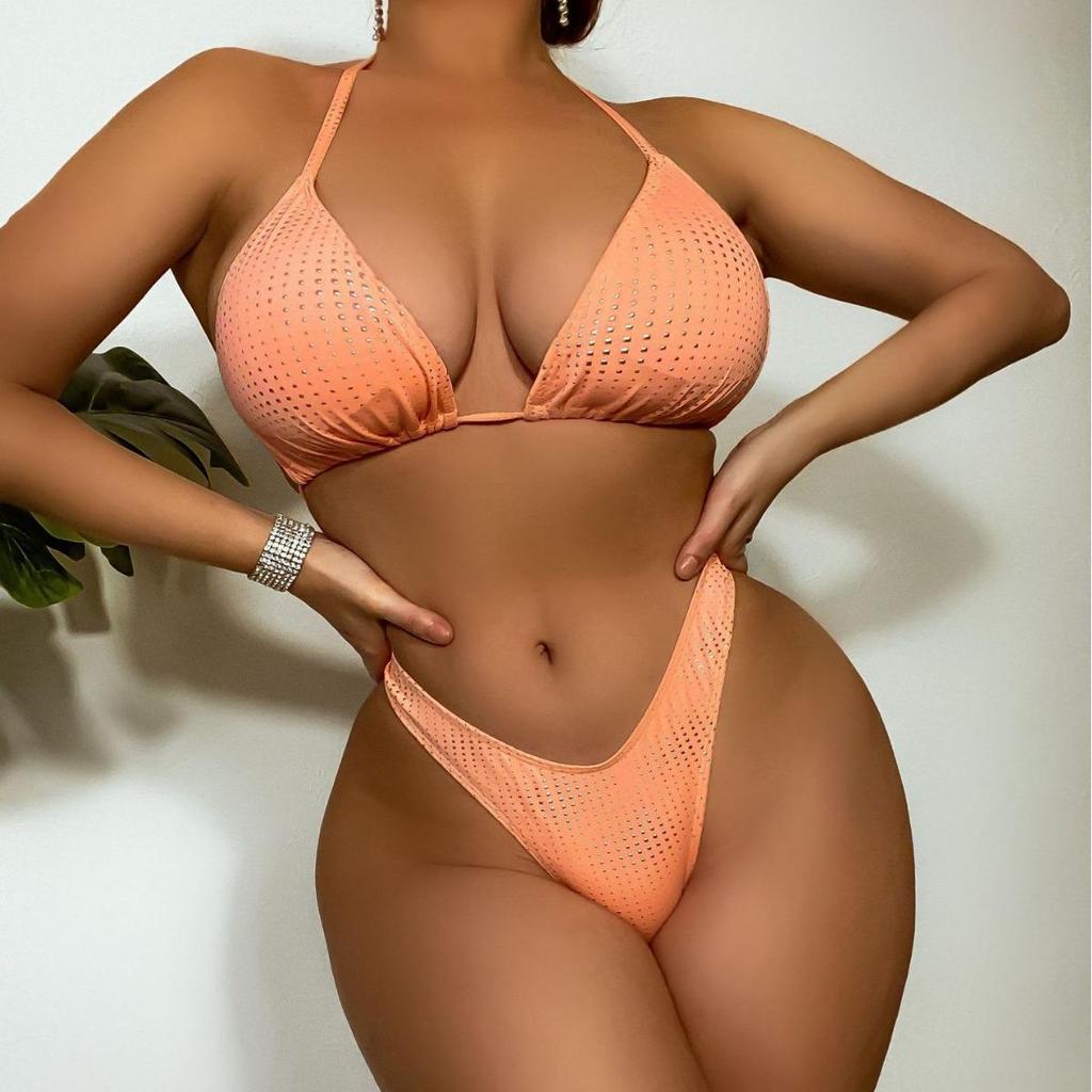 Trendiger Neckholder Geometrisch Geprägter Einfarbiger Bikini 2419