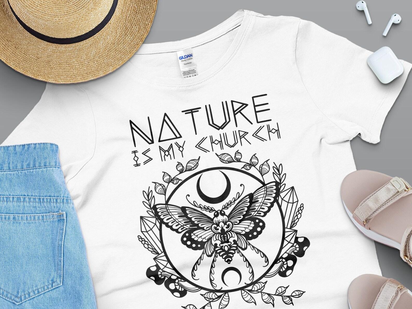 Nature Is My Church Shirt Moon Moth Witchcraft Wiccan Witch T-Shirt, women shirt wiccan apparel, church love, moon phases crystals shirt 3XL