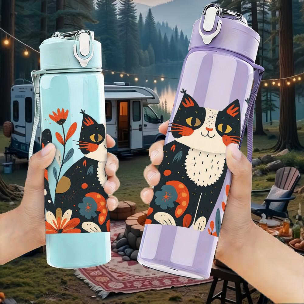 1PC Floral Pattern Cat Portrait 750ml Color Plastic Sports Water Bottle Leakproof Flip Straw Lid Suitable for Sports Office Home Use