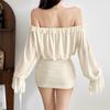2026 European and American summer new atmosphere one-word shoulder solid color waist thin long sleeve hip wrap dress women