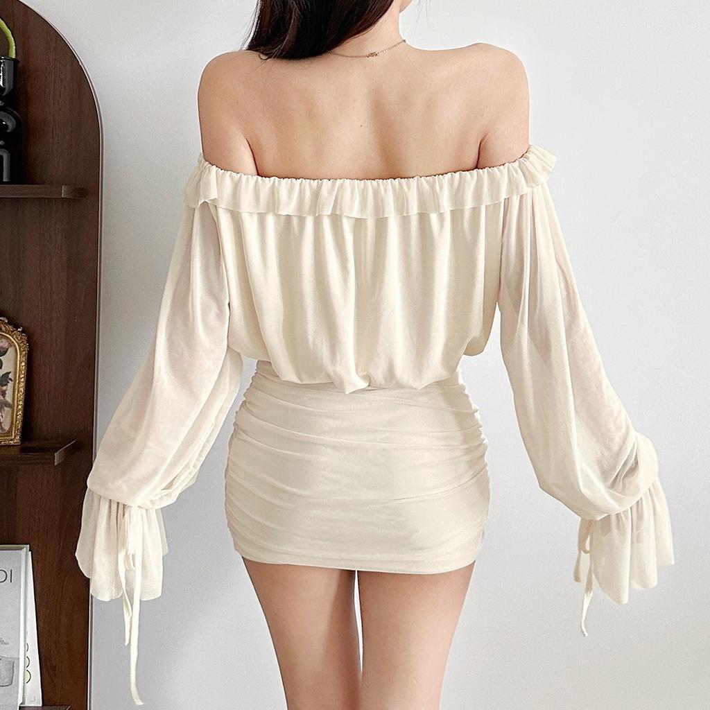 2026 European and American summer new atmosphere one-word shoulder solid color waist thin long sleeve hip wrap dress women