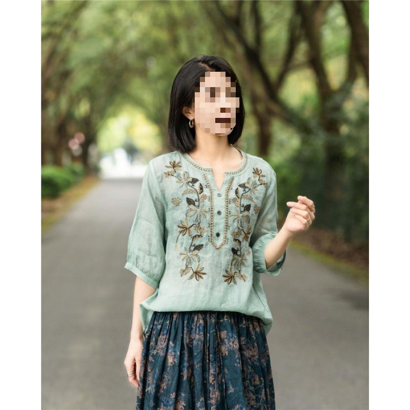 Summer Women's Fashion Embroidery Spliced V Neck Shirt Clothing Vintage Loose Casual Half Sleeve Blouse Soft Solid Color