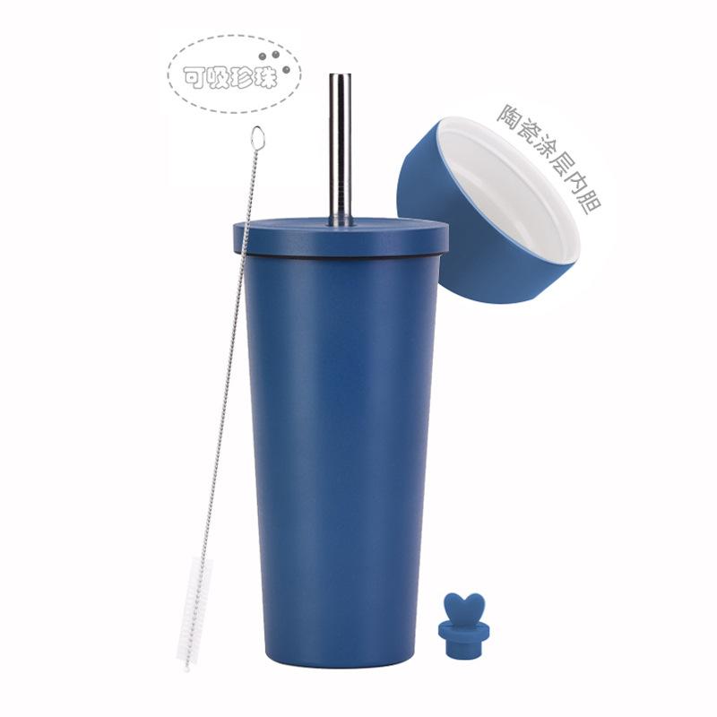 2025 Stainless Steel Straw Cup Ceramic Liner Bubble Tea Cup Vacuum Double-Layer Straw Thermos Cup