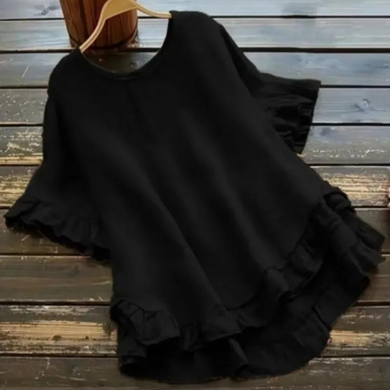 Plus Size Women's Solid Color Casual Short Sleeved Round Neck T-Shirt Ladies Ruffled Hem Women's Back Button Up Top