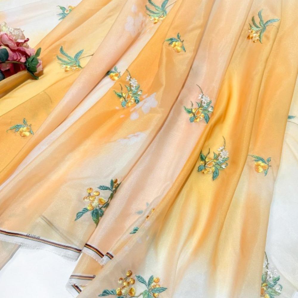 100x150cm Loquat Fruit Embroidery Cloth Gradient Chiffon Fabric Transparent Hanfu Cloth Sewing Costume Party Clothing