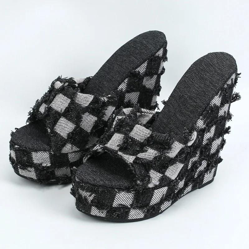Eilyken Round Toe Platform Wedges High Heels Slippers Women Summer Denim Solid Sandals Concise Slides Female Shoes