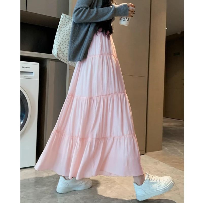 Women Spring Summer Long Skirts High Waist Elastic Patchwork A-Line Skirt Casual Skirts Female