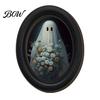 Gothic Farmhouse Decor Halloween Wooden Door Hanging Sign, Oval Black Cat Ghost Wall Plaque, Retro Painting Waterproof Art for Entryway Bedroom Cafe,