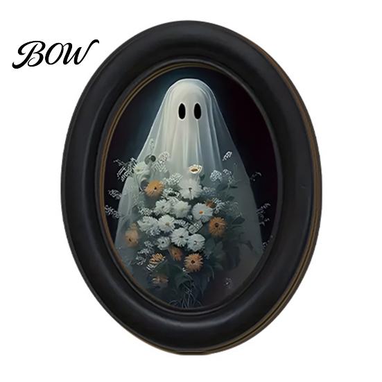 Gothic Farmhouse Decor Halloween Wooden Door Hanging Sign, Oval Black Cat Ghost Wall Plaque, Retro Painting Waterproof Art for Entryway Bedroom Cafe,